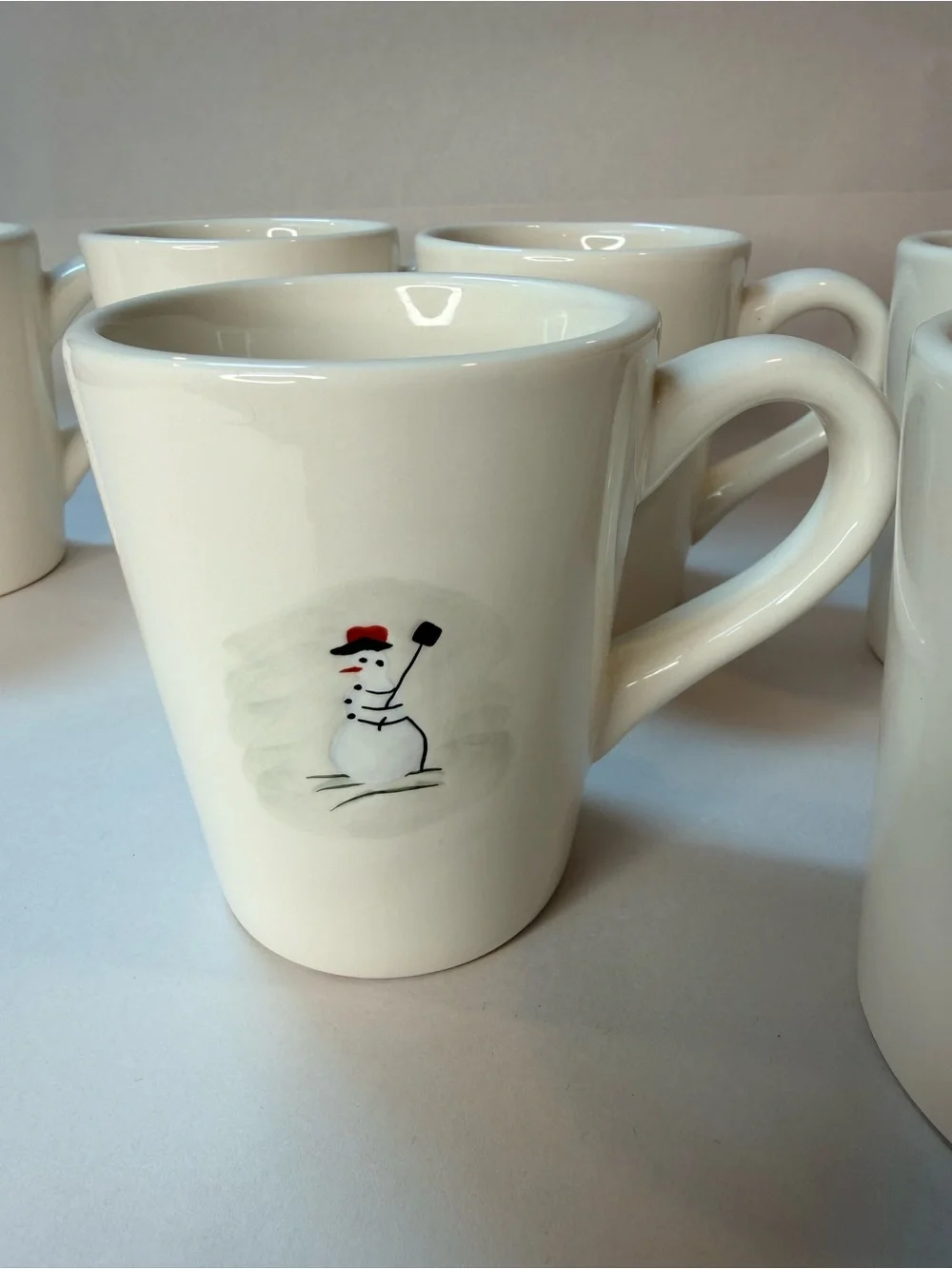 Williams Sonoma Snowman Mugs Set of 6 White Ceramic Holiday Winter Box Vintage